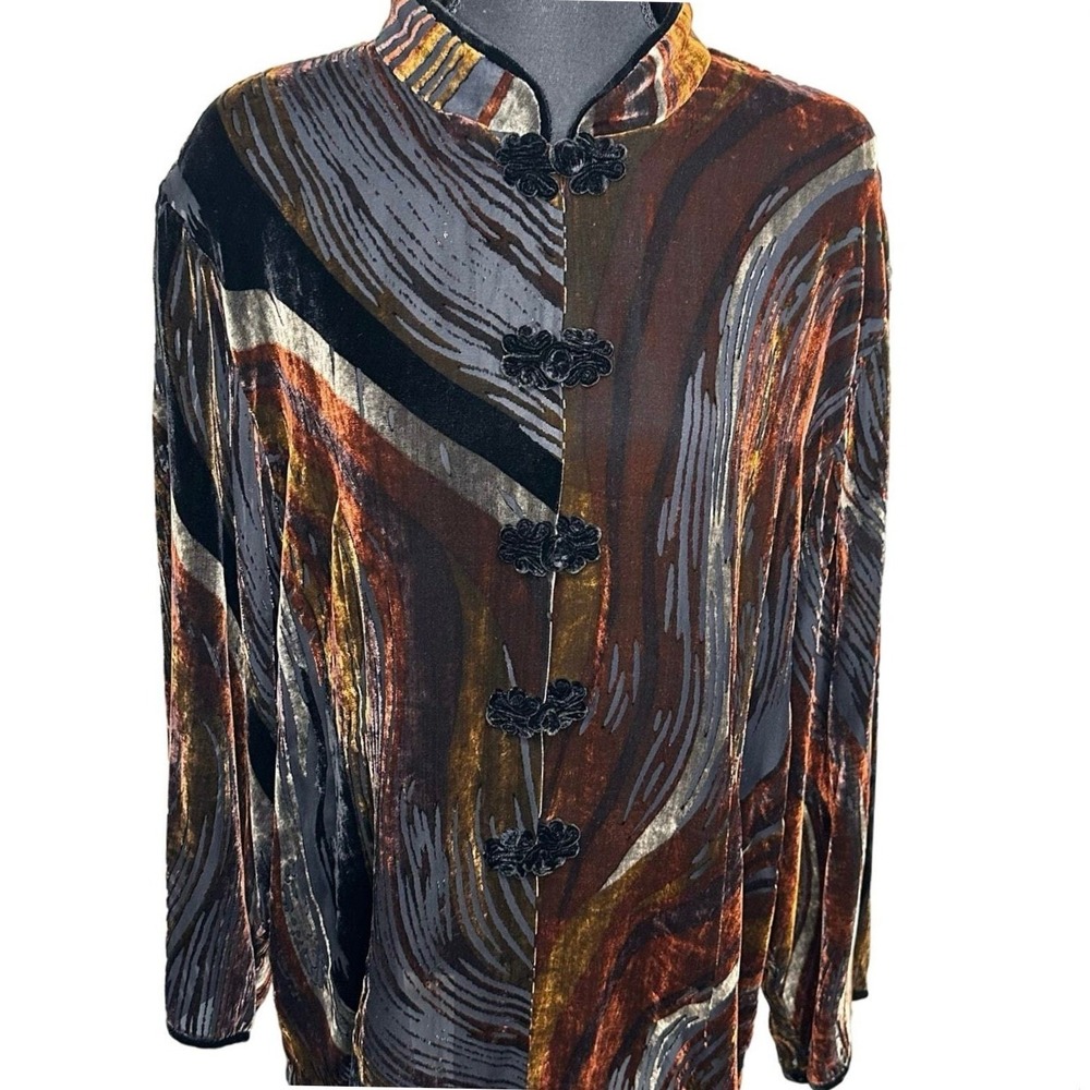 A Touch Of Class Velvet Silk Burnout Jacket 2X Brown Black Frog Toggle Artsy Y2K